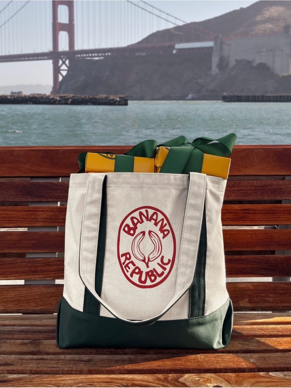 Banana Republic Cream Canvas Tote with Dark Green Trim and Red Logo